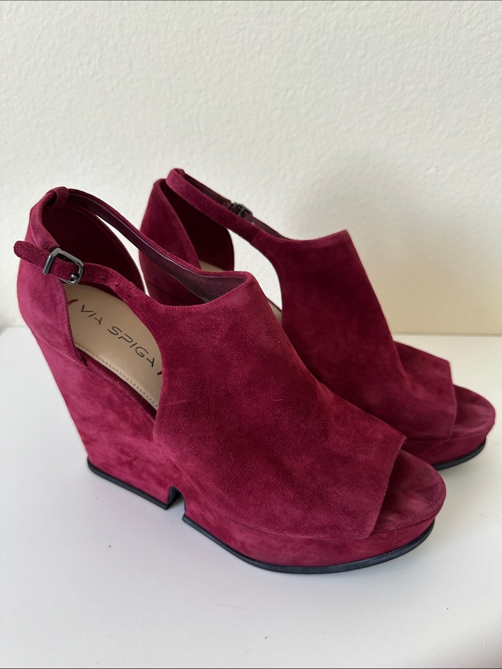 Via Spiga Burgundy Suede Platform Peep-Toe Slingback Heels